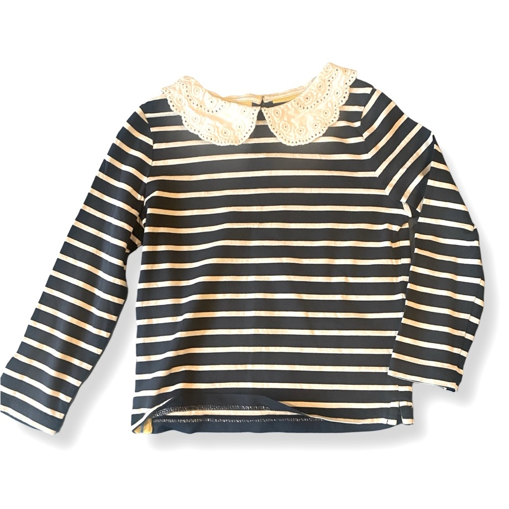 Mini Boden Navy and White Striped Long Sleeve Top with Lace Collar